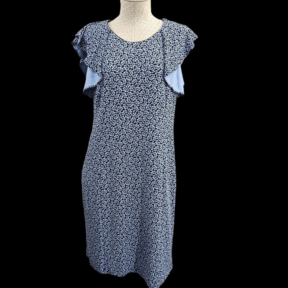 LANDS' END Women's 12 Blue Flutter Sleeve Floral Stretch‎ Knit Sheath Dress Chic